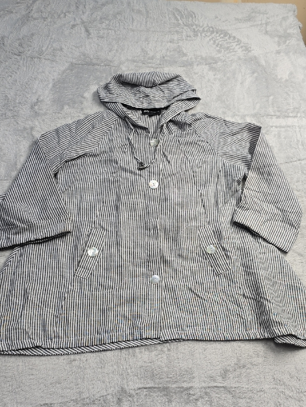 JNY Linen Blend Hooded Tunic Jacket Sz L Black White Striped Coastal Oversized